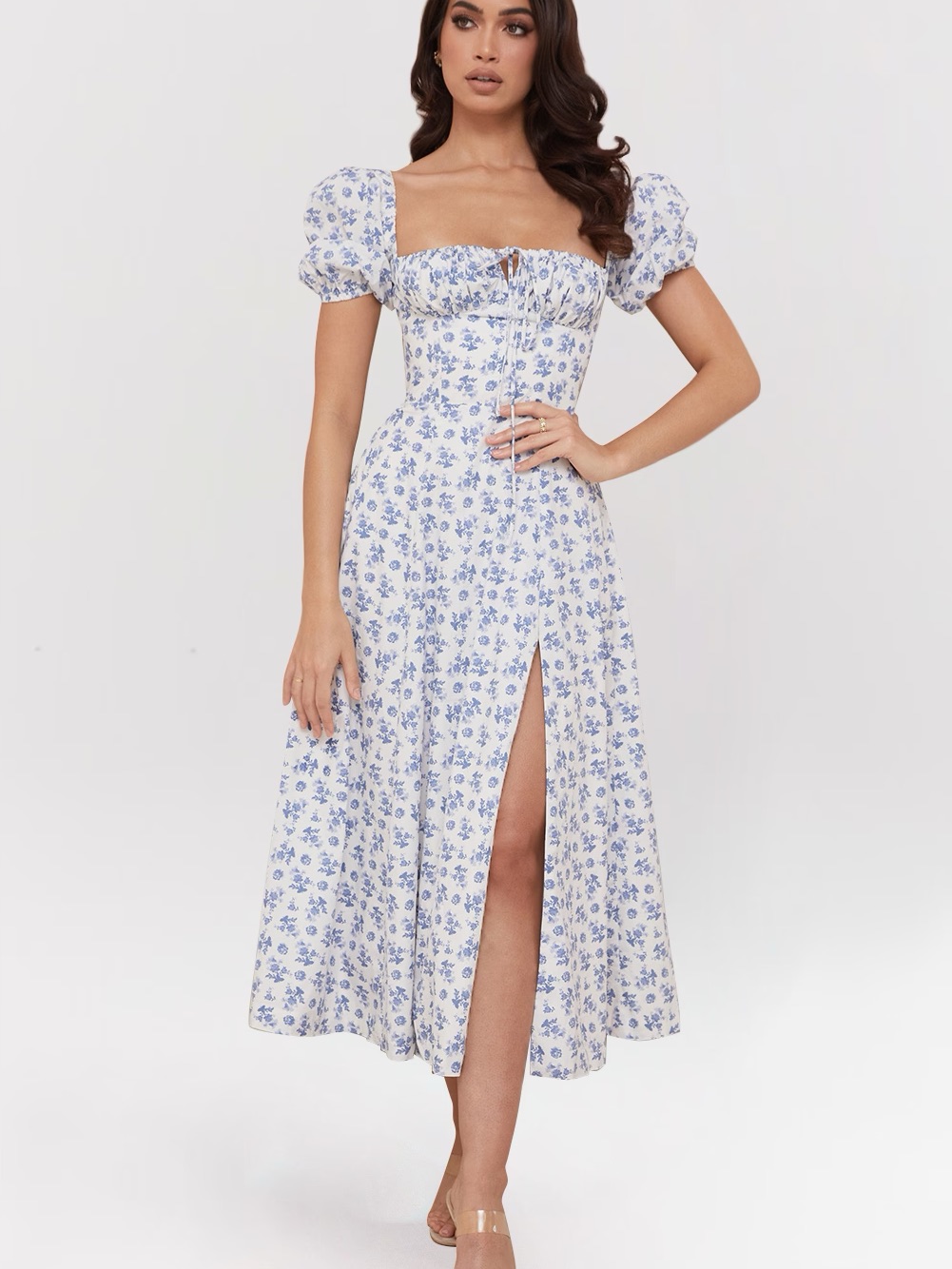 House Of Cb Tallulah Blue Floral Puff-Sleeve Midi Dress